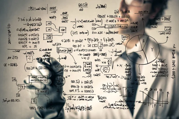 Scientist scribbling mathematics and statistics numbers on board.